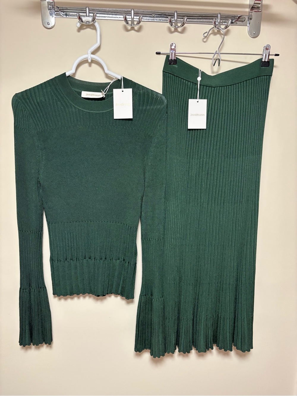 Zimmermann Forest Green Ribbed Midi Skirt & Sweater Set - Picture 2 of 6